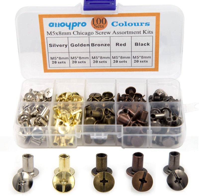 ALLOYPRO 100 Sets Chicago Screws Assorted Kit 5 Color Leather Rivets 5/16”(5x8mm) Screw Rivets Flat Fillister Book Binding Posts Nail Rivet Chicago Bolts for DIY Leather Craft Black Silver Golden Bronze - Image 1